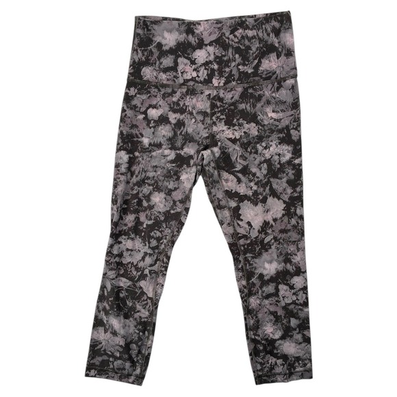 lululemon athletica Pants - Lululemon Cropped Leggings‎ Size 6 Black Gray Floral High Rise Yoga Run EUC